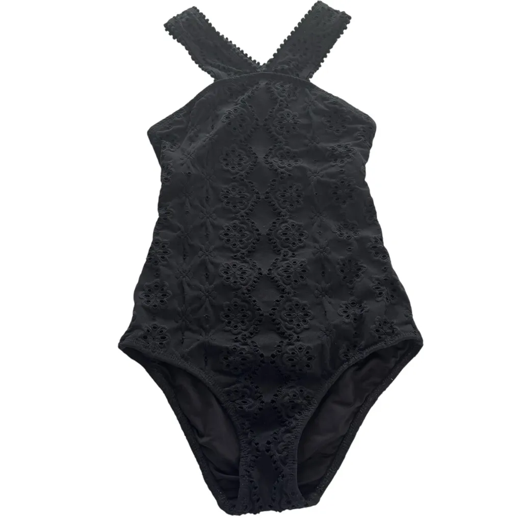 Shoshanna Black Embossed Stretch Eyelet High Neck One Piece Swimsuit Zero 0 XS - Image 4