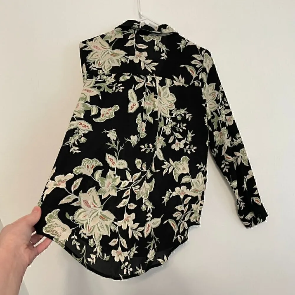 MAURICES Atwood Pleated Floral Blouse Black Cream Beige Long Sleeve Work Office - Image 13