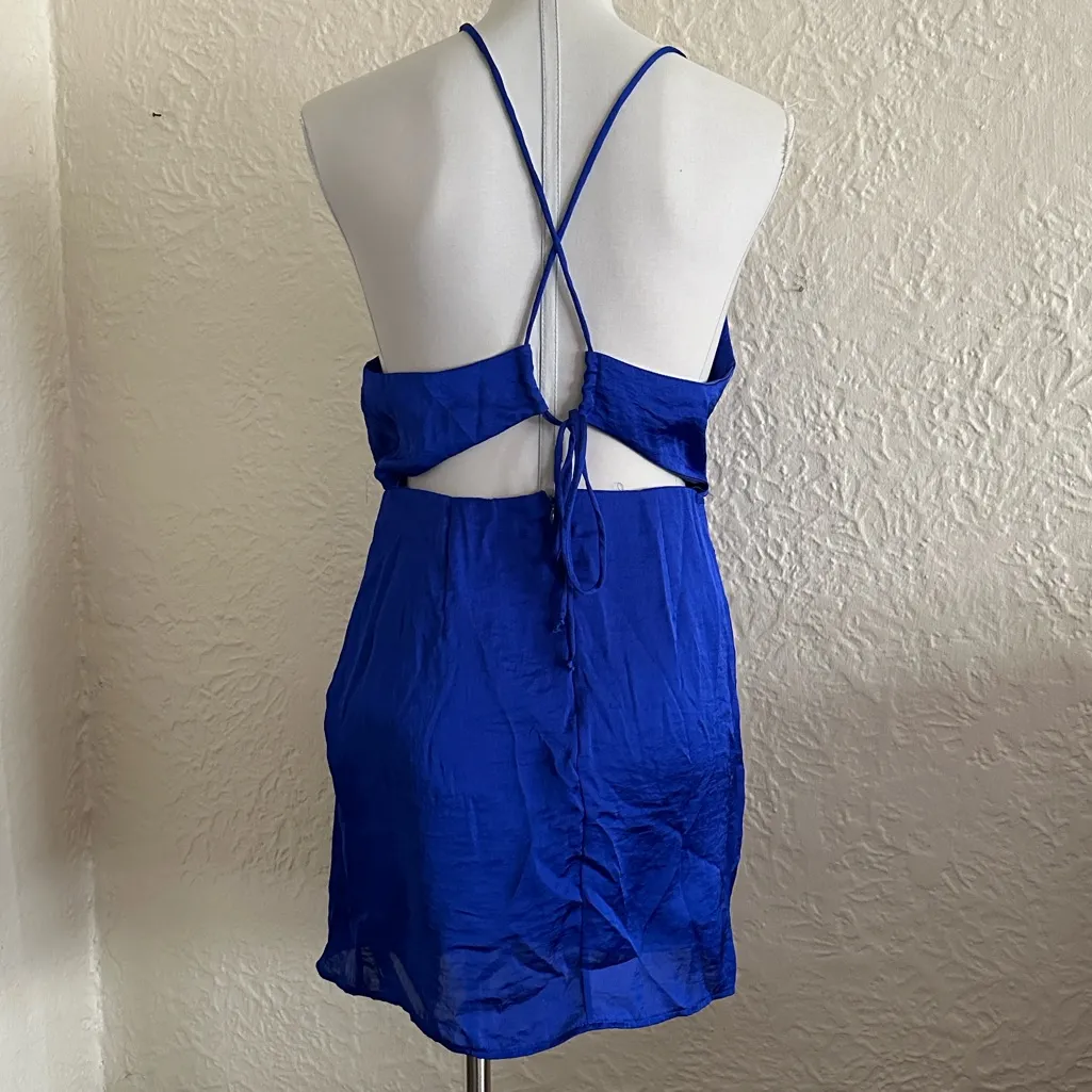 Lucy in the Sky Cobalt Blue Plunge Front Strappy Back Mini Dress Medium - Image 3
