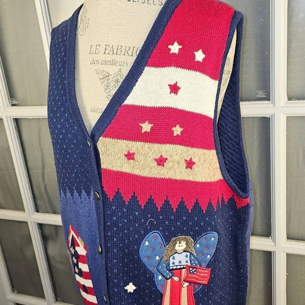 Quacker Factory Womens Red White Blue Patriotic‎ USA Angel Sweater Vest 1X - Image 2