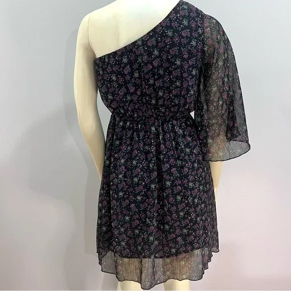 Black and purple one shoulder ditsy floral dress size small - Image 2