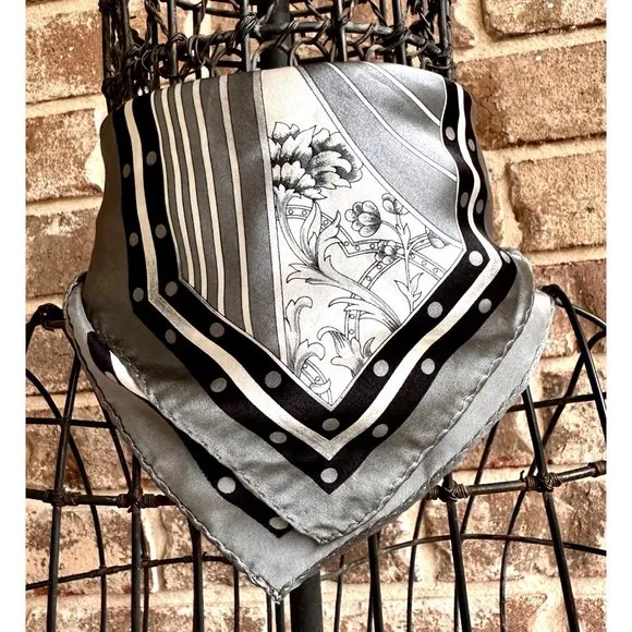 Vintage Neck Scarf Silver Black Floral Art Deco Hand Rolled Hem Korea Co… - Image 1