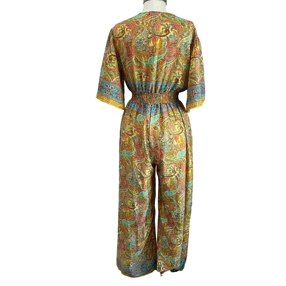 Zury Bohemian Silk Blend Bell Sleeve And Wide Leg Front Tie Jumpsuit Size M Yellow Size M - Image 2