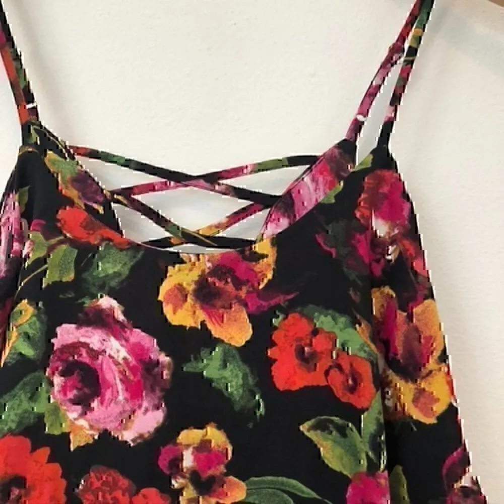 PAPER CRANE Black Pink Red Green Floral Flounce Tiered Boho Crop Top Tank Blouse - Image 3