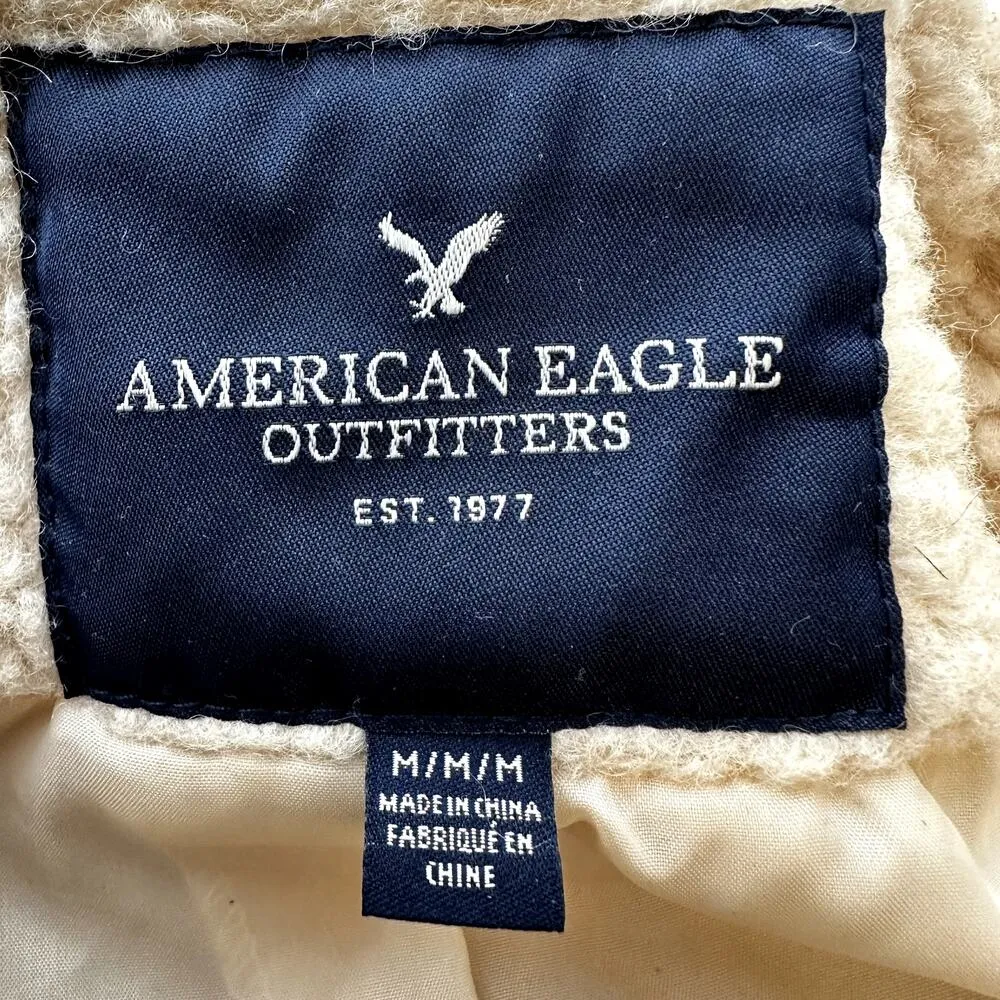 American Eagle Wool Teddy Jacket Coat Hood Mid Pockets Sherpa Vented Cream M Size M - Image 3