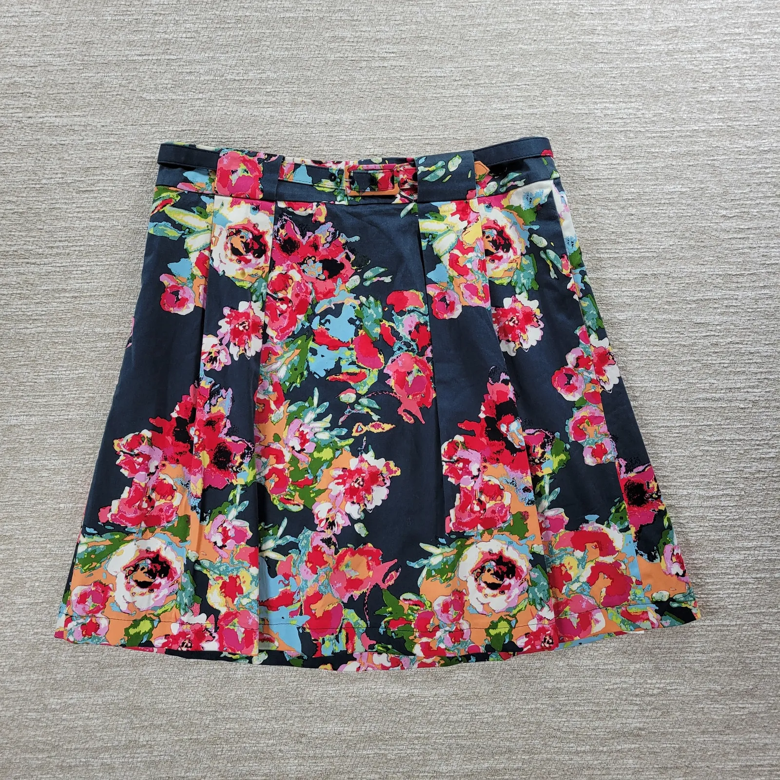 Adriana Papell Floral Mini Skirt Womens 10 Blue Pink Pleated Flared Belted - Image 10