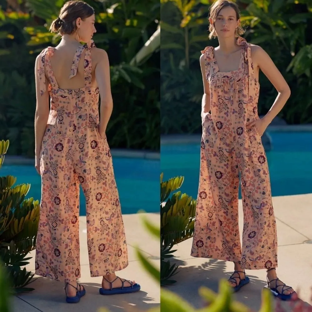 Anthropologie Sancia Floral Wide-leg Cropped Jumpsuit Tie Strap Pink Peach Large - Image 5