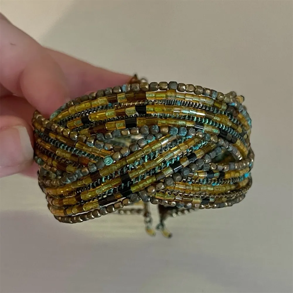 Gold & Brown Beaded Cuff Bracelet - Image 2