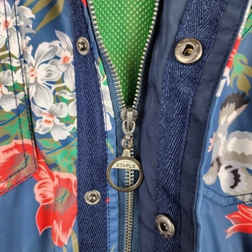 Staple Hooded Rain Jacket Coat Pigeon Brand Blue Floral Birds Print Size M Size M - Image 12
