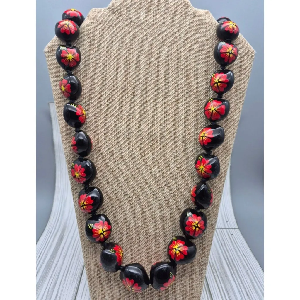 Hawaii Wedding Kukui Nut Lei Necklace Black & Red Hibiscus Flower Floral 36" - Image 5