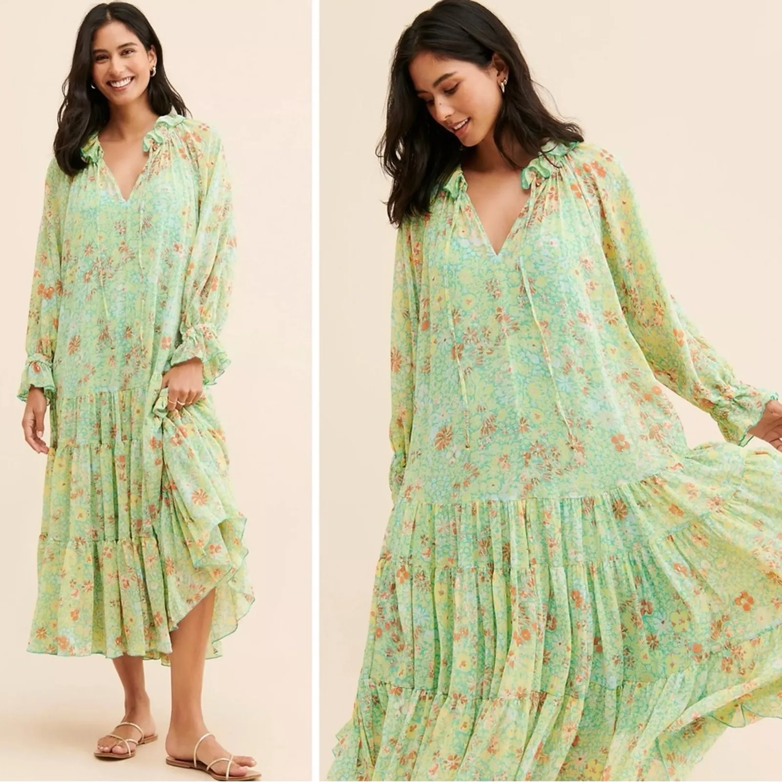 Free People Feeling Groovy Maxi Dress Size Large 70s Chartreuse Floral Bohemian - Image 2