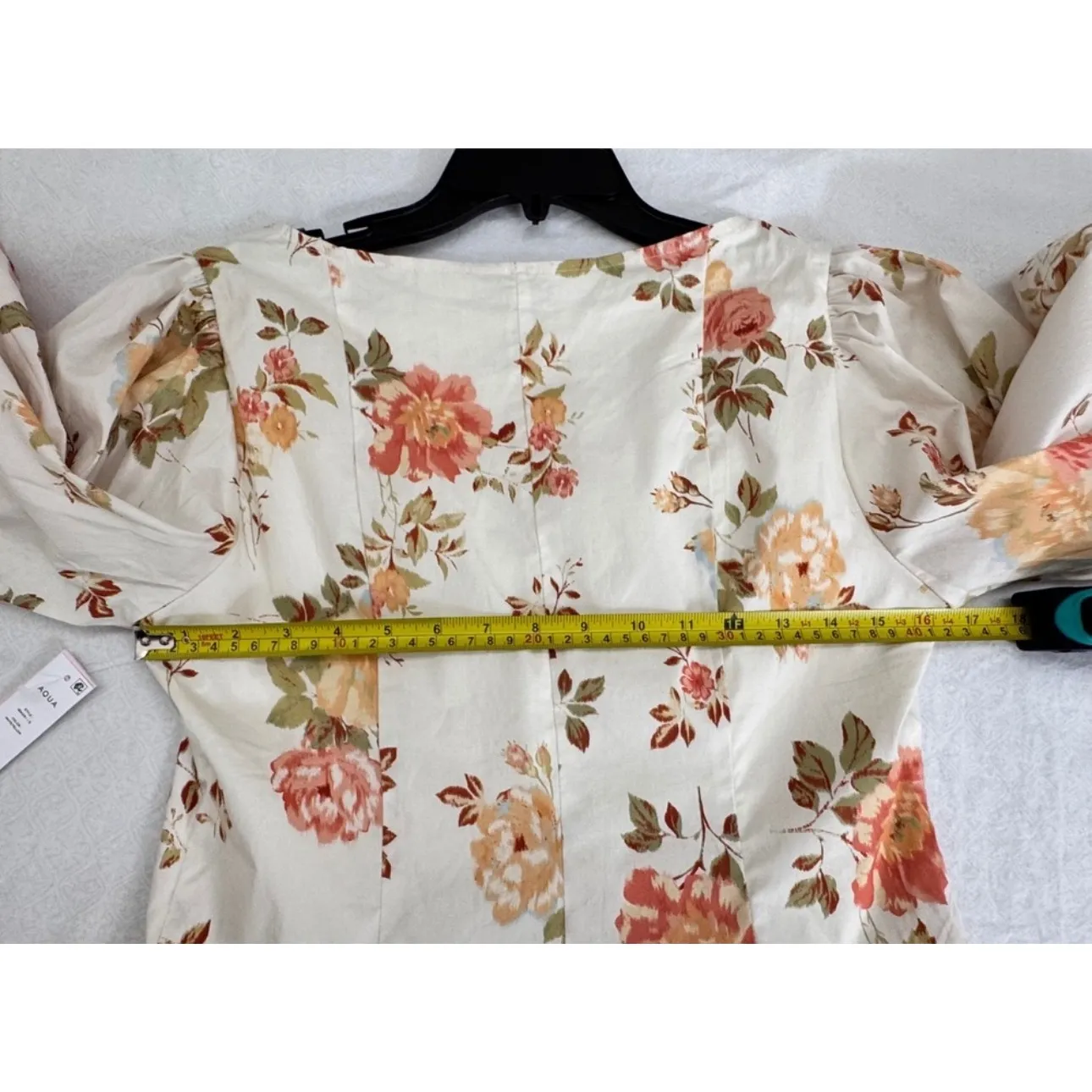 AQUA Floral Print Puff Sleeve Sweetheart Neckline Blouse‎ Top Medium - Image 9