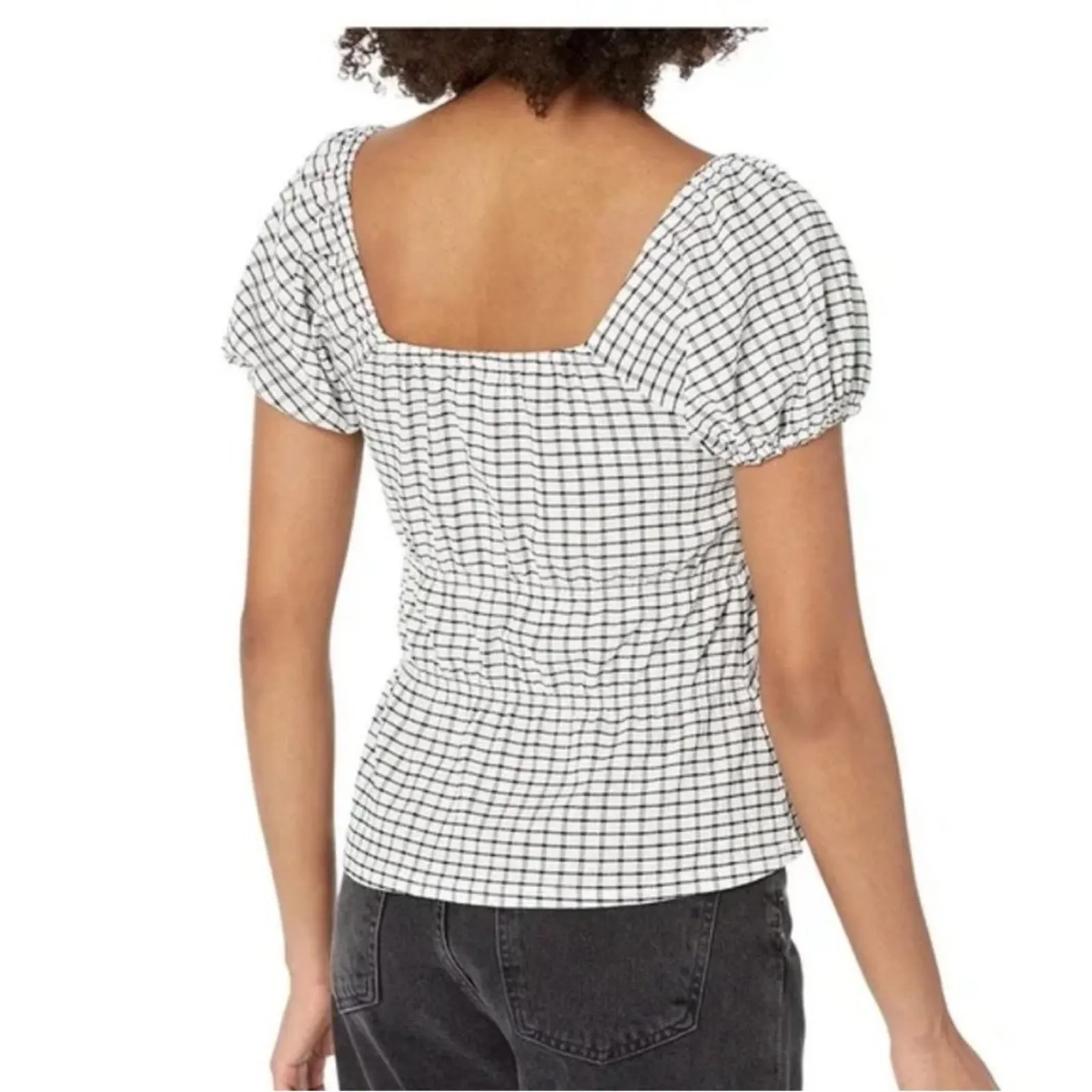 NEW Madewell Size Large Omaha White Black Gingham Tiered Puff Sleeve Shirt - Image 2