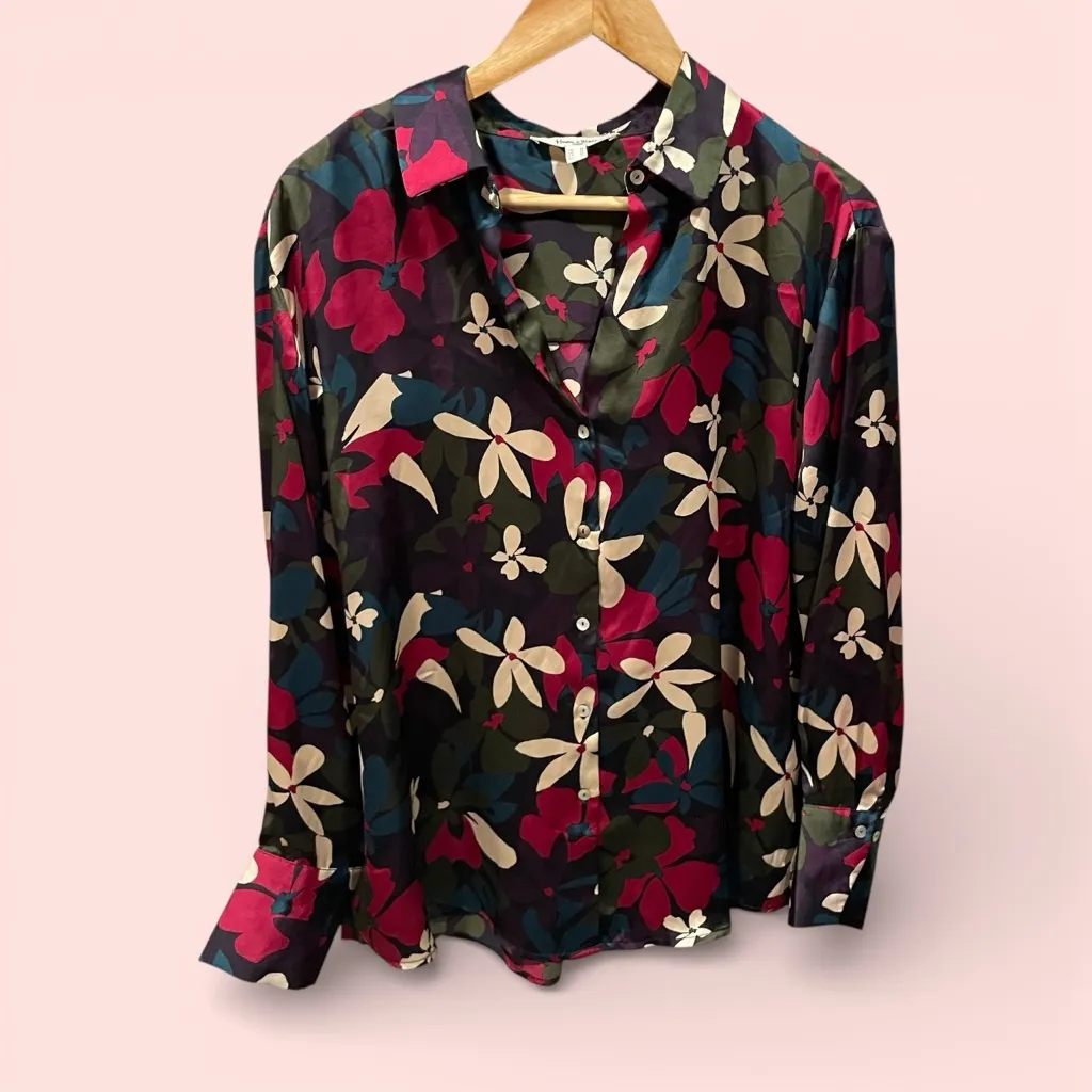 Beautiful silky olive plum plumeria floral button front blouse Haver & Blair Green Size M - Image 2