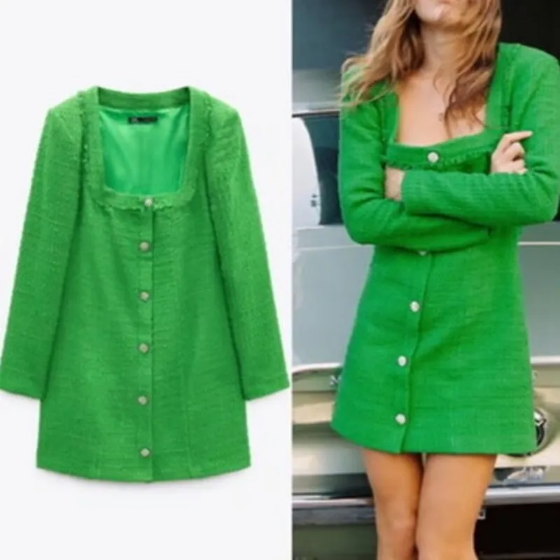 ZARA Green Textured Weave Boucle Tweed Dress with Crystal Buttons 4661/325 - Image 8