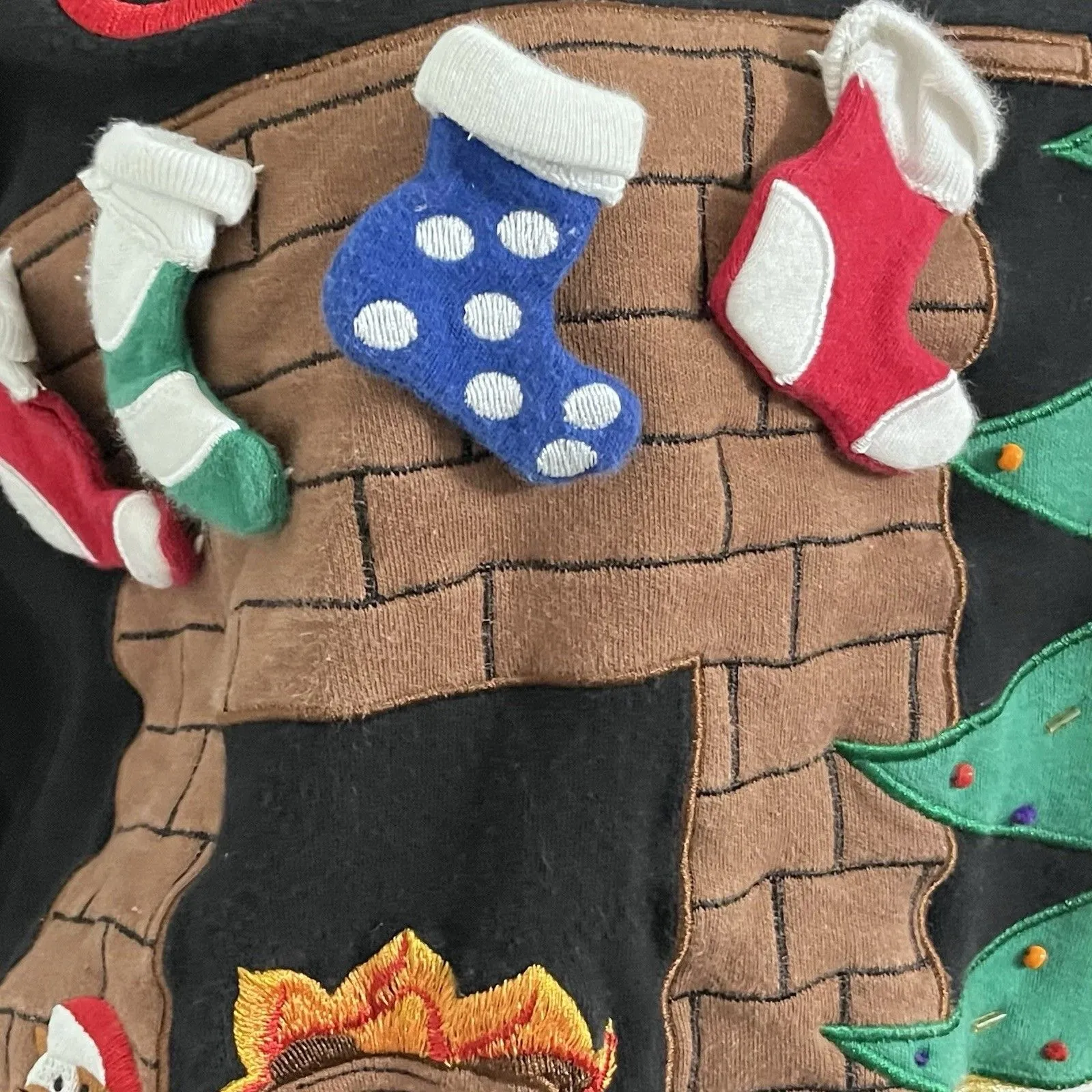 Vintage Bechamel Embroidered 3D Ugly Christmas Sweater Shirt Cat by Fire Size S Black - Image 7