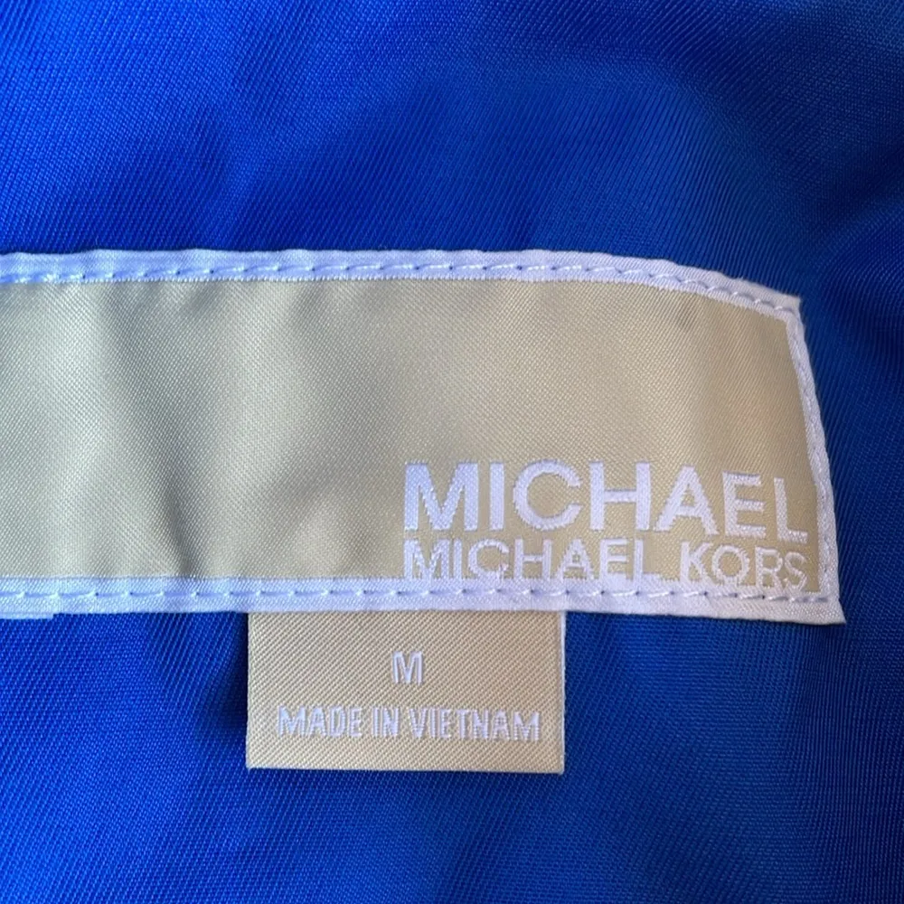 Michael Kors Blue Trench Coat with Asymmetrical Zipper and Belt - Image 7