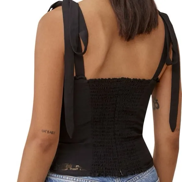 Reformation Women’s Blanca Tank Top Sleeveless Smocked Tie Shoulder in Black 10 - Image 4