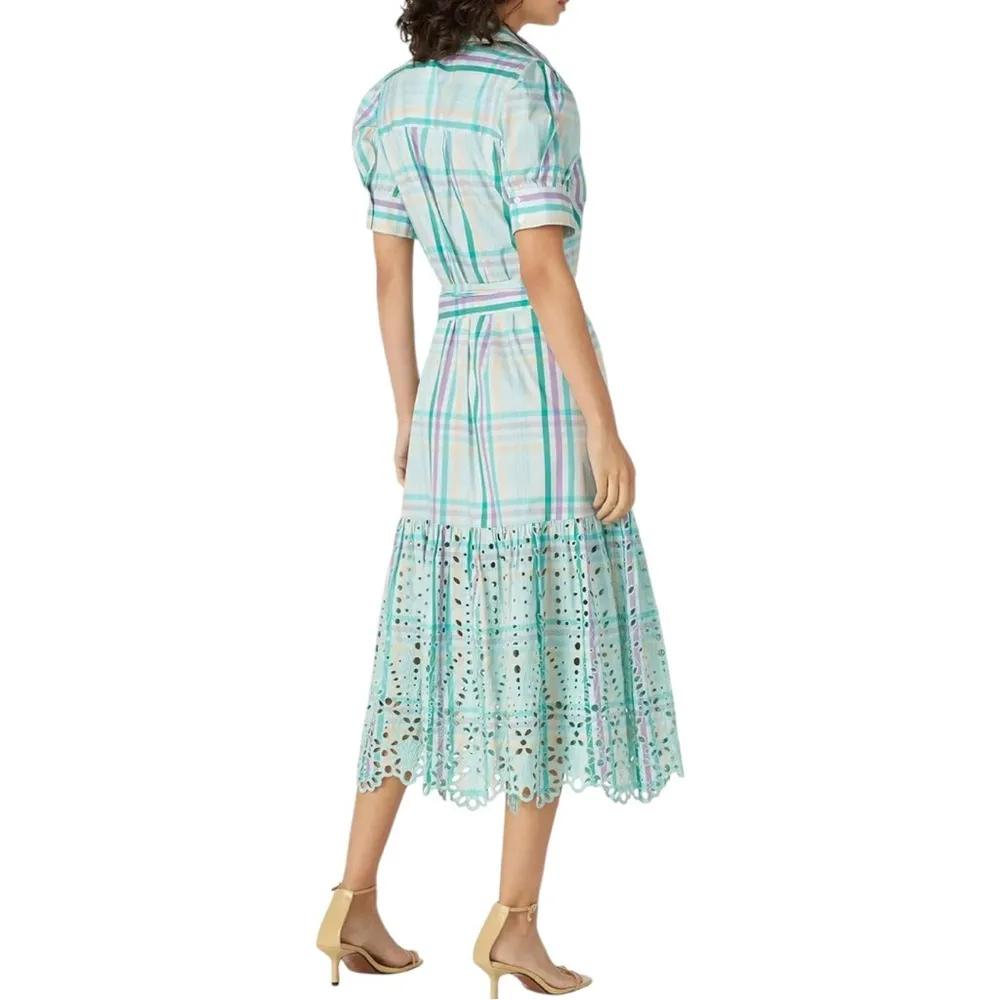 Tanya Taylor Mint Striped Fern Midi Dress size 6 Embroidered Eyelet Puff Sleeve - Image 2