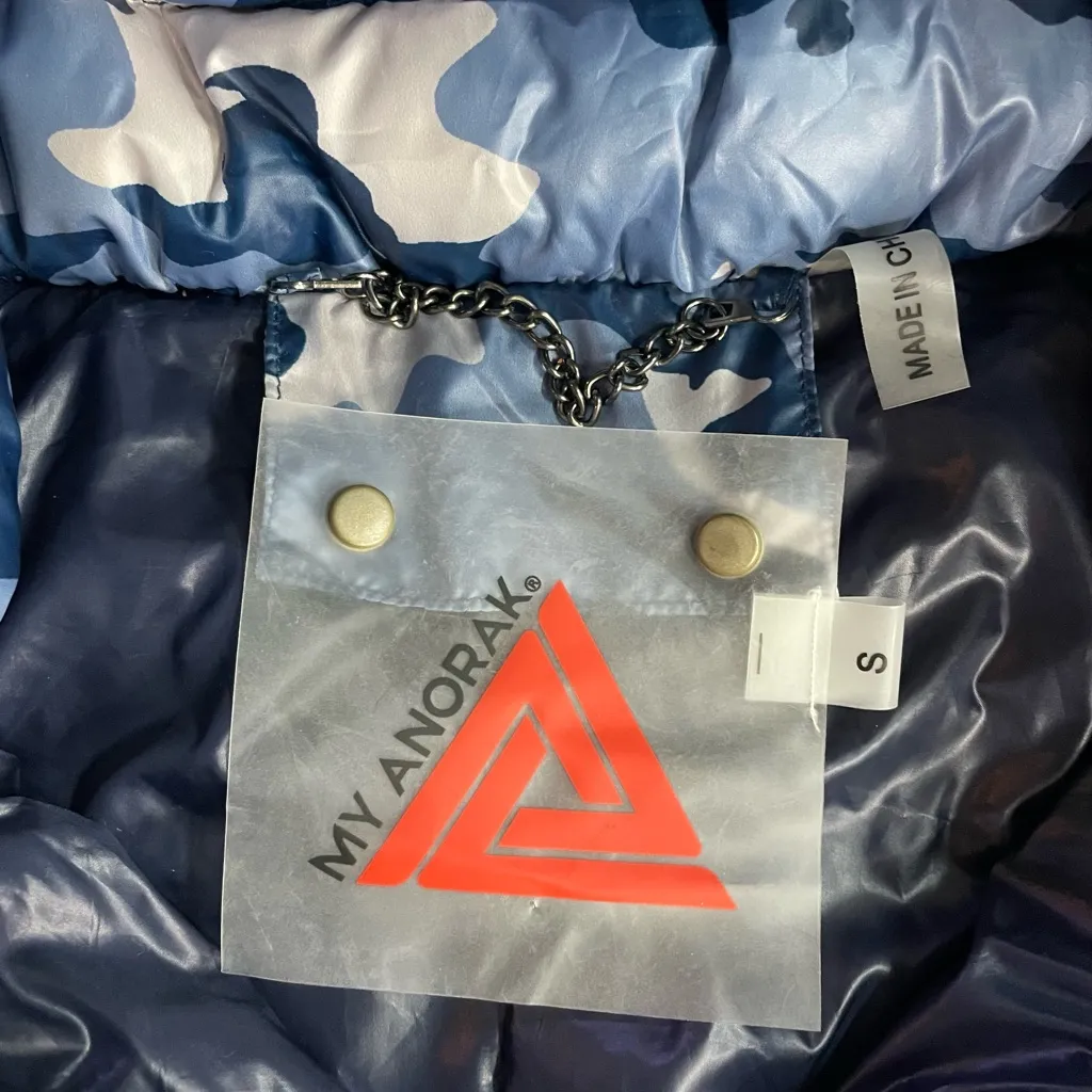 My Anorak Blue Camo Removable Hooded Duck Down Puffer Vest Outerwear Sz S 🧡 White - Image 13