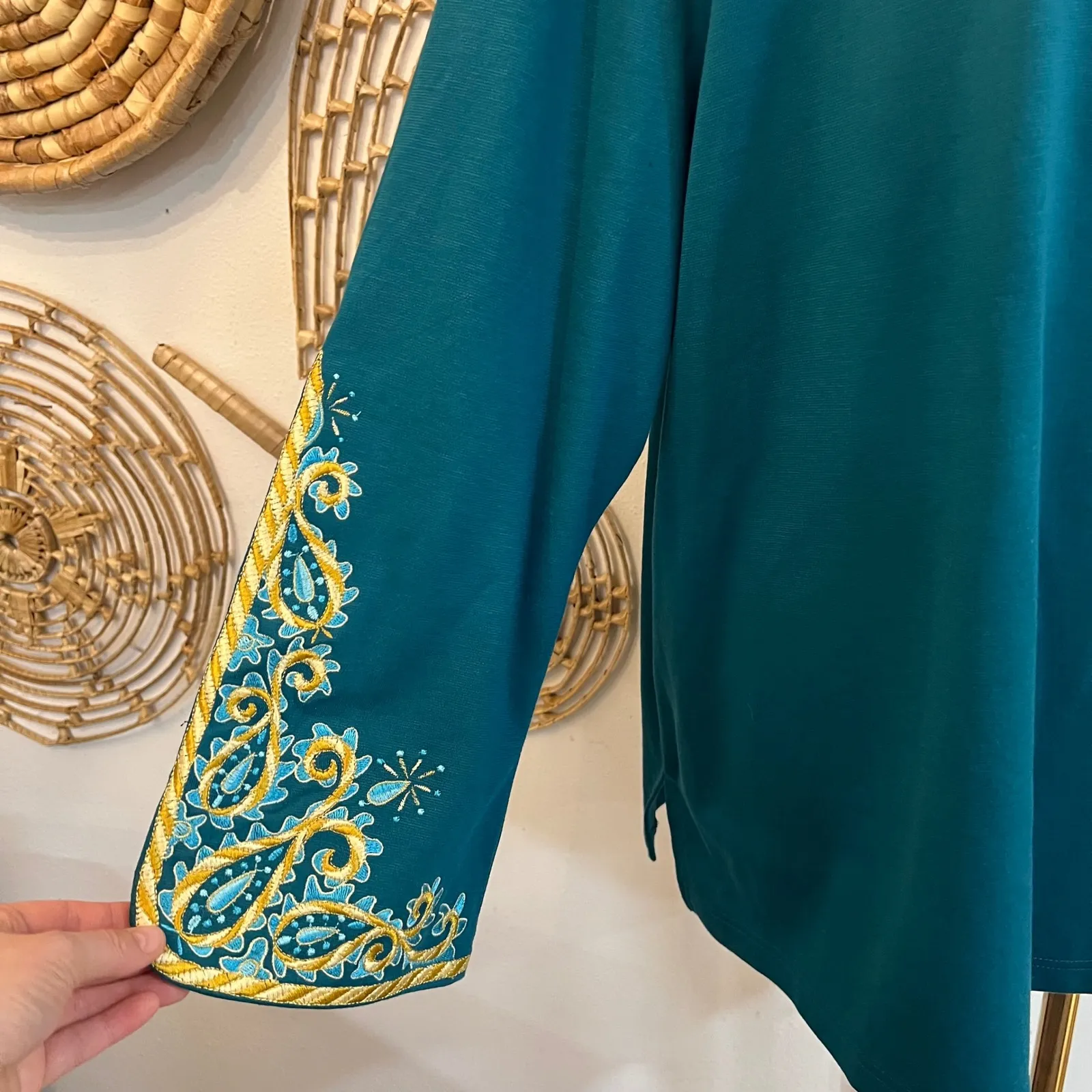 Bob Mackie Wearable Art Teal Gold Embroidered Boho Resort Luxe Tunic Top 3X - Image 4