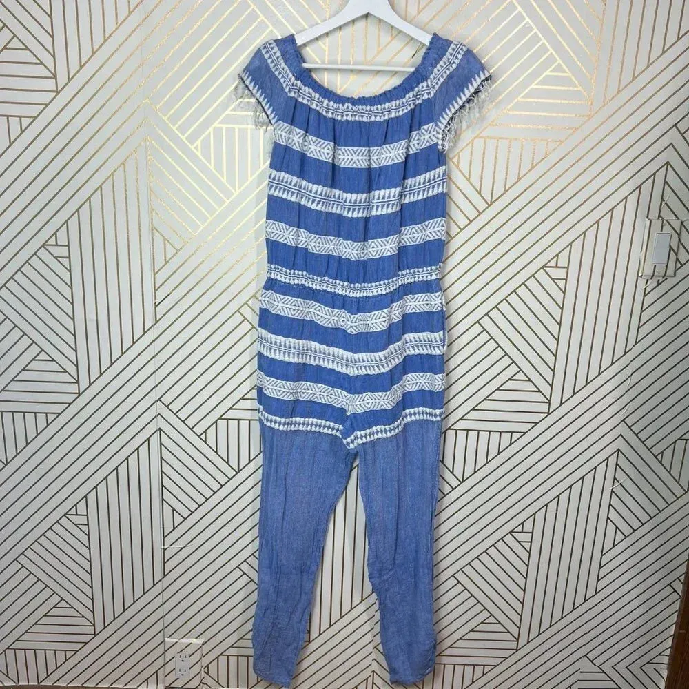 Lemlem Freya Off The Shoulder Embroidered Gauze Jumpsuit Blue Size‎ US Medium - Image 5