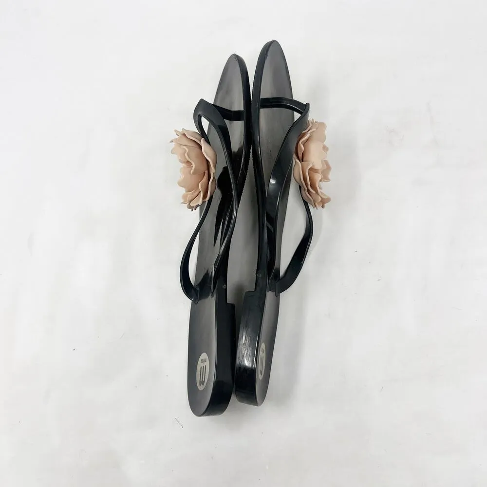 [Melissa] Black Jelly Sandals Rubber Flip Flop Beige Flower Beach Thongs Size 9 - Image 9