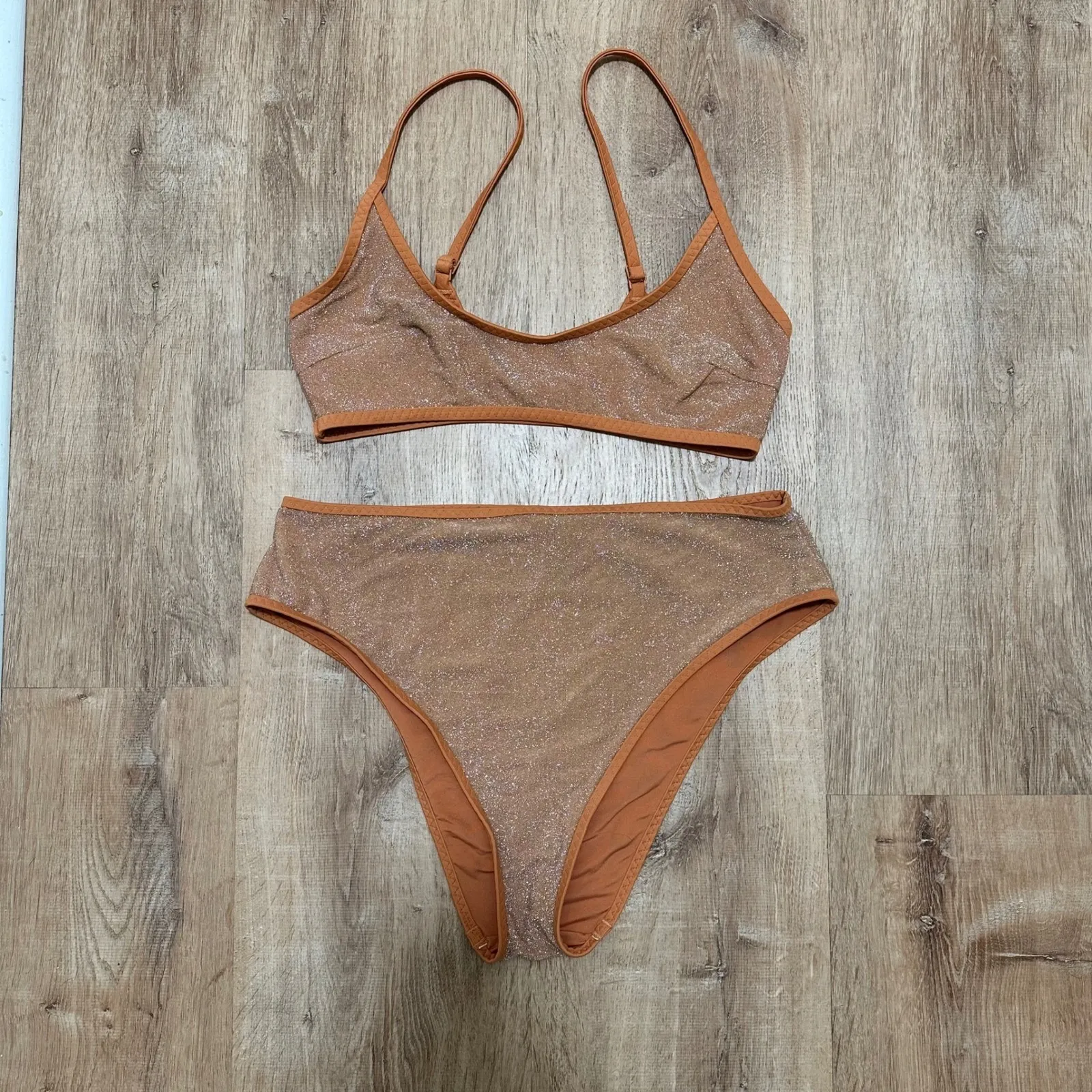 Aerie  | Orange Metallic Shine Sparkle 90s High Waist Cut Cheeky Bikini Set, L/XL - Image 3