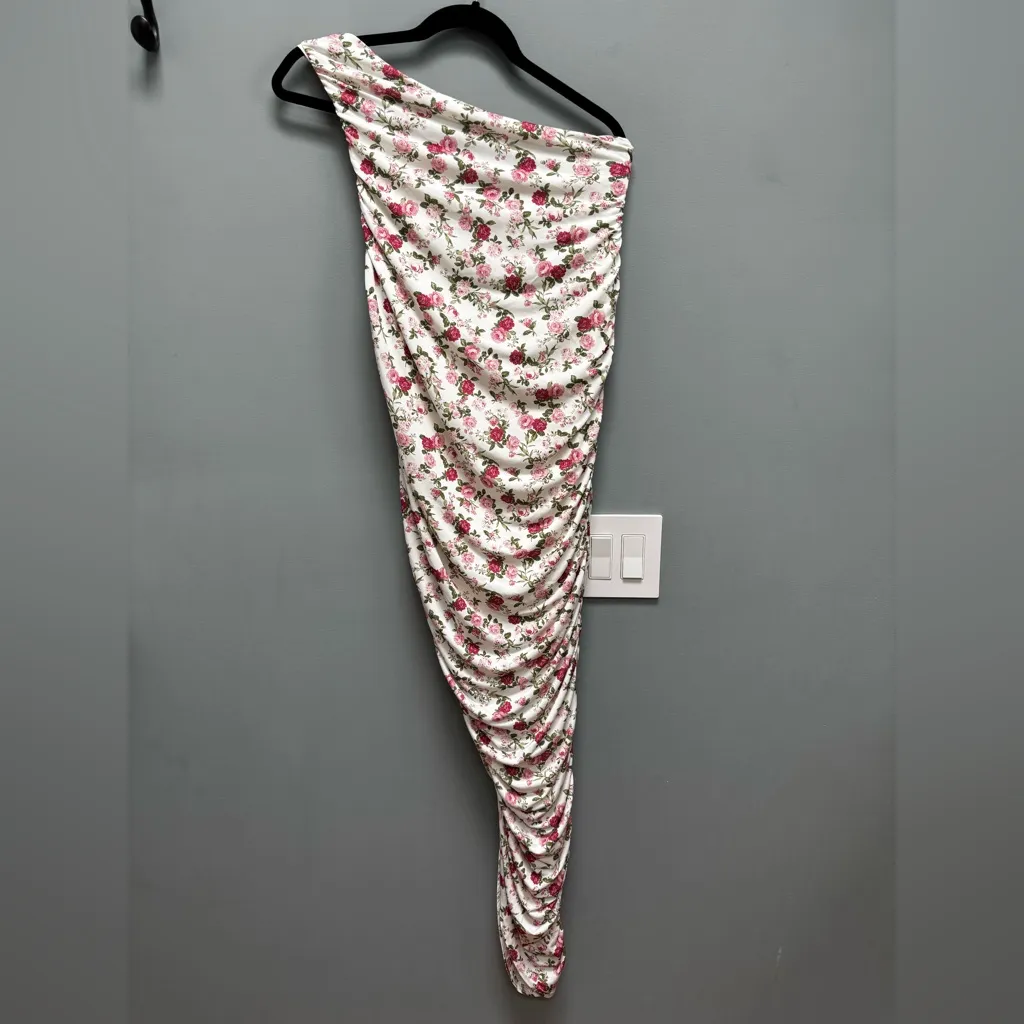 Club L Late Night Pink Floral Print Ruched One Shoulder Midi Dress 6 White - Image 2