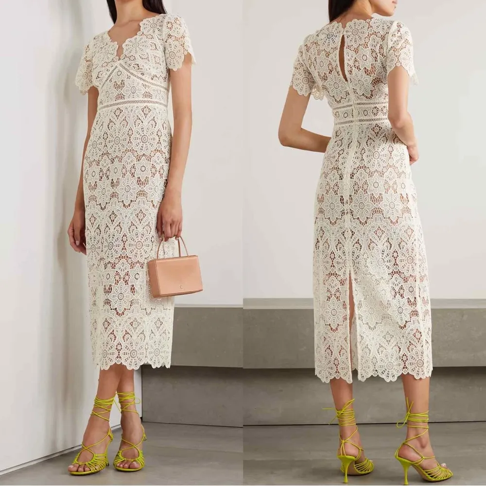 Self-Portrait Ivory Floral Guipure V-Neck Midi Dress, Size US 4 (UK 8), NWT - Image 2