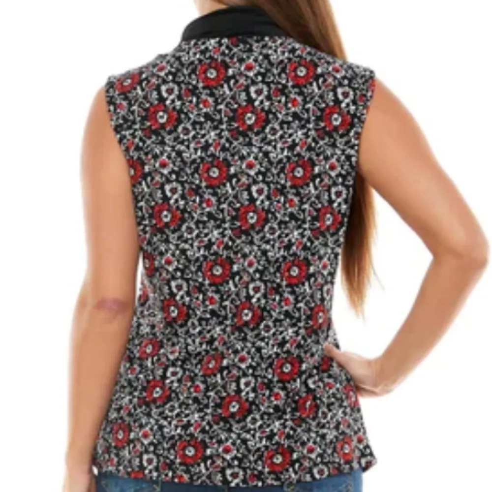 Adrienne Vittadini red/black floral sleeveless draped top size large - Image 2