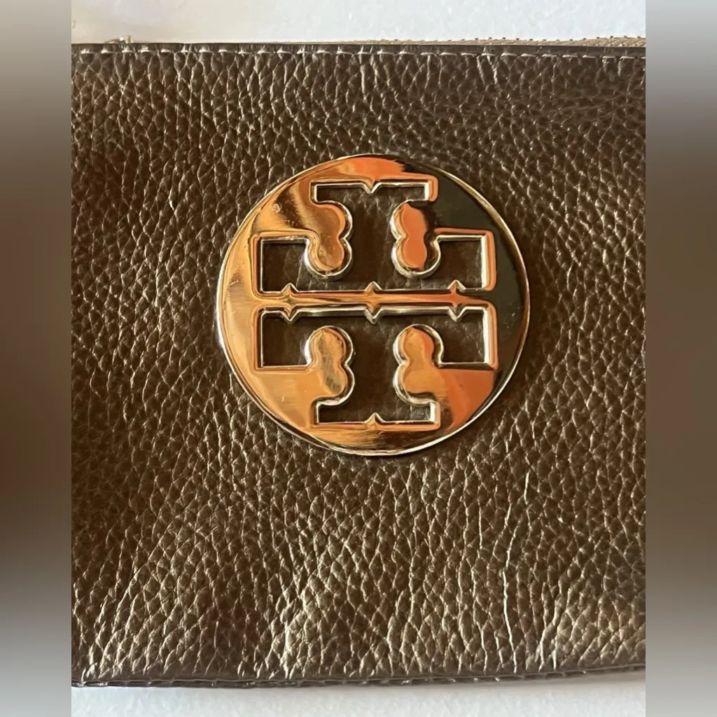 Tory Burch Pebble Leather Wristlet Zip Coin Card Purse Metallic Gold Rare 7”x5” - Image 4