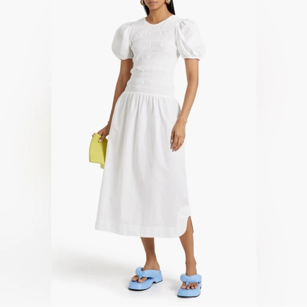 Ganni Smocked‎ Poplin Midi Dress in White Organic Cotton - Image 2