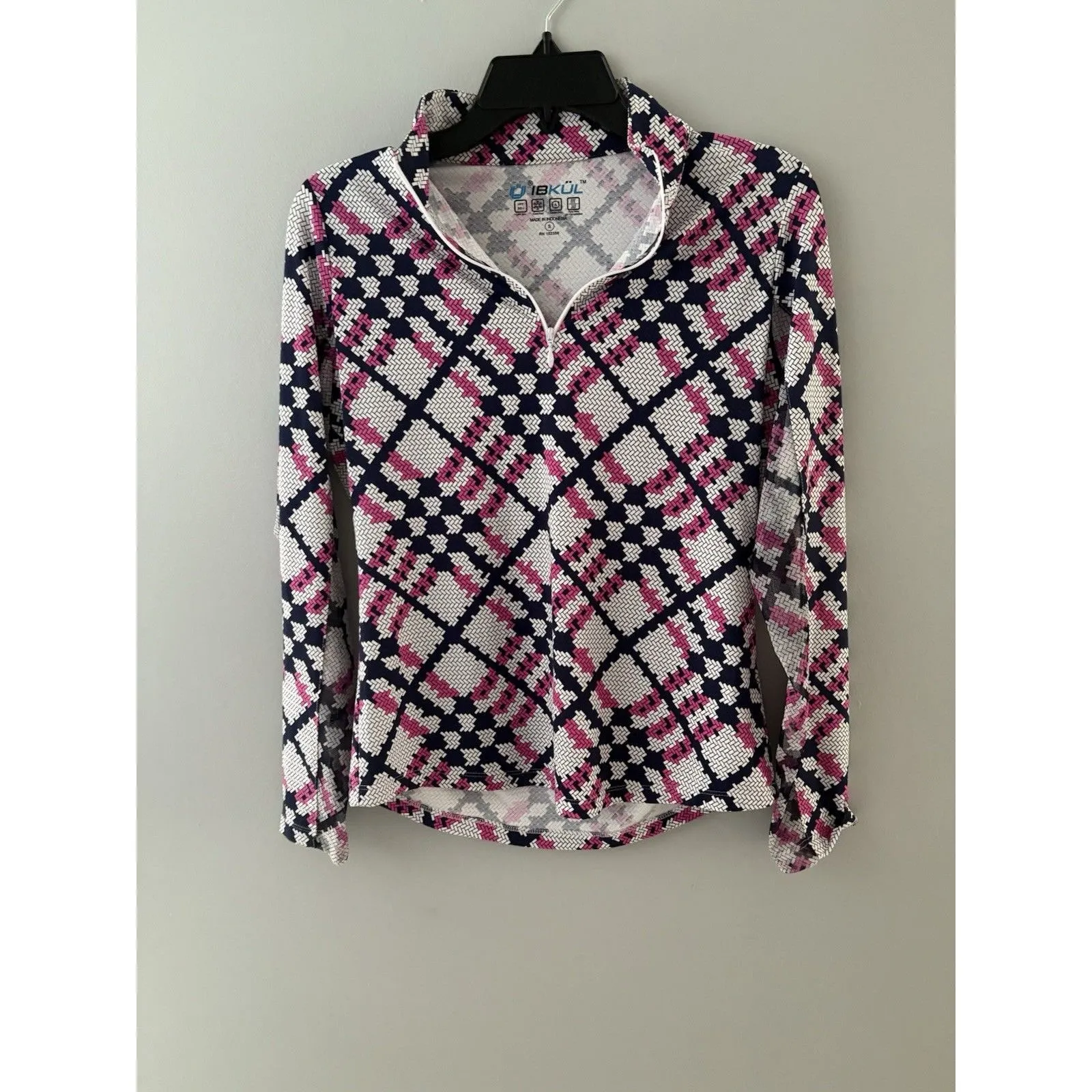IBKUL 1/4 Zip Top Size S Pink Blue White Geo Mesh Inset UPF50 Golf Tennis - Image 14