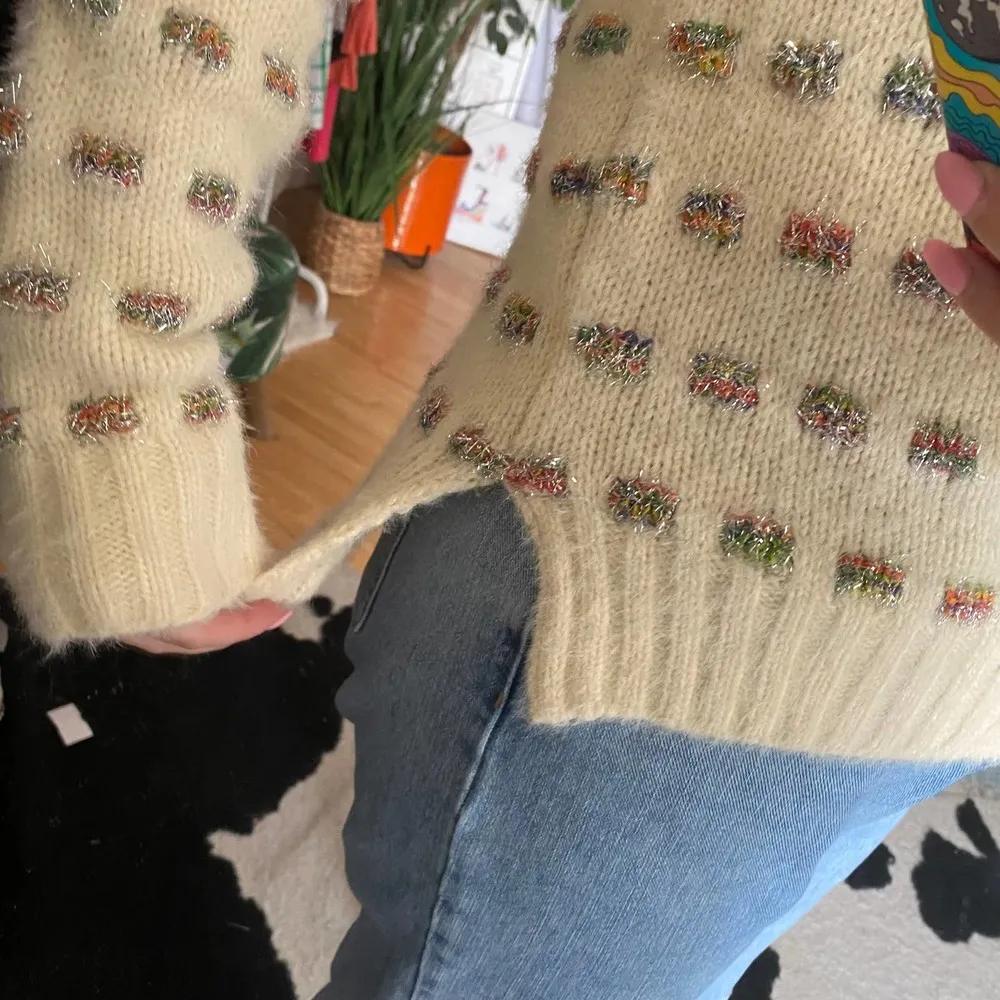 Moth Metallic Check Crew Neck Pullover Knit Sweater Cream Size Small - Image 8