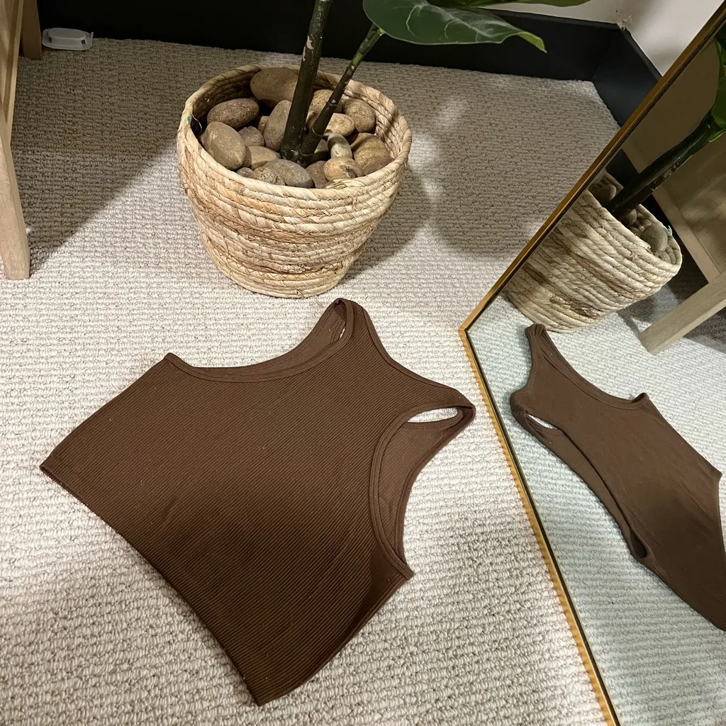 Brown Ribbed Crew Neck Tank Top - Image 2