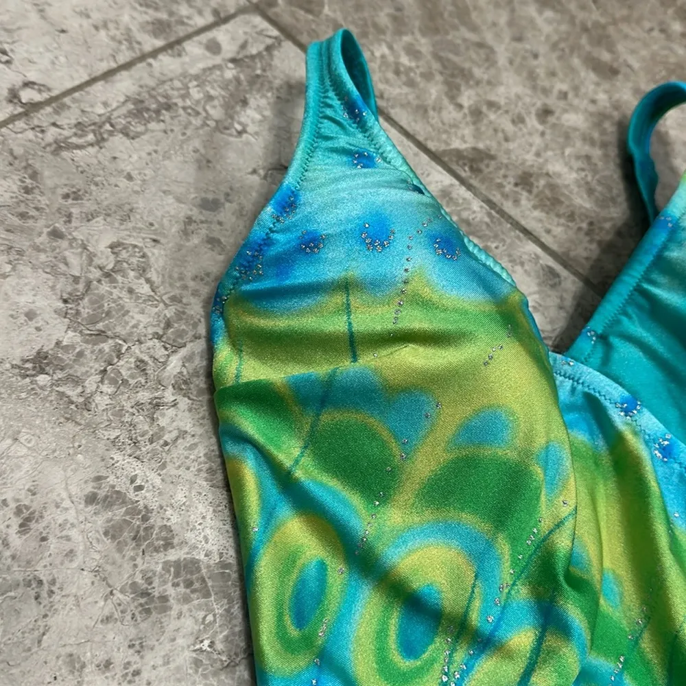 Gottex Gold Label Vintage 80’s Watercolor Surplice One Piece Swimsuit Blue Size 12 - Image 4