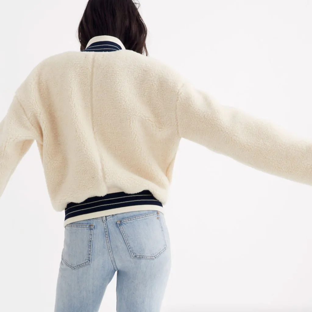 Madewell Sherpa Varsity Cream Fall Bomber Jacket Size L - Image 3