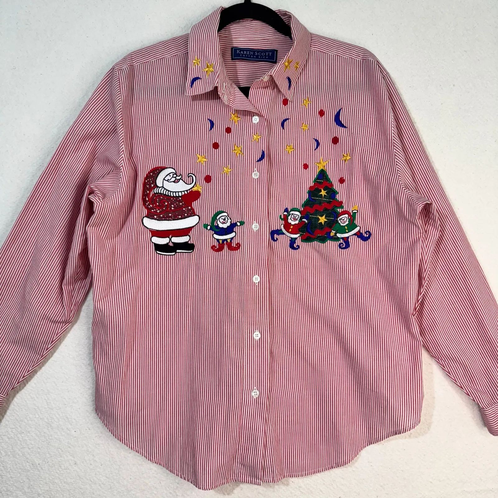 Karen Scott Christmas Emroidered Red & White Striped Long-Sleeve Buttoned Shirt - Image 2