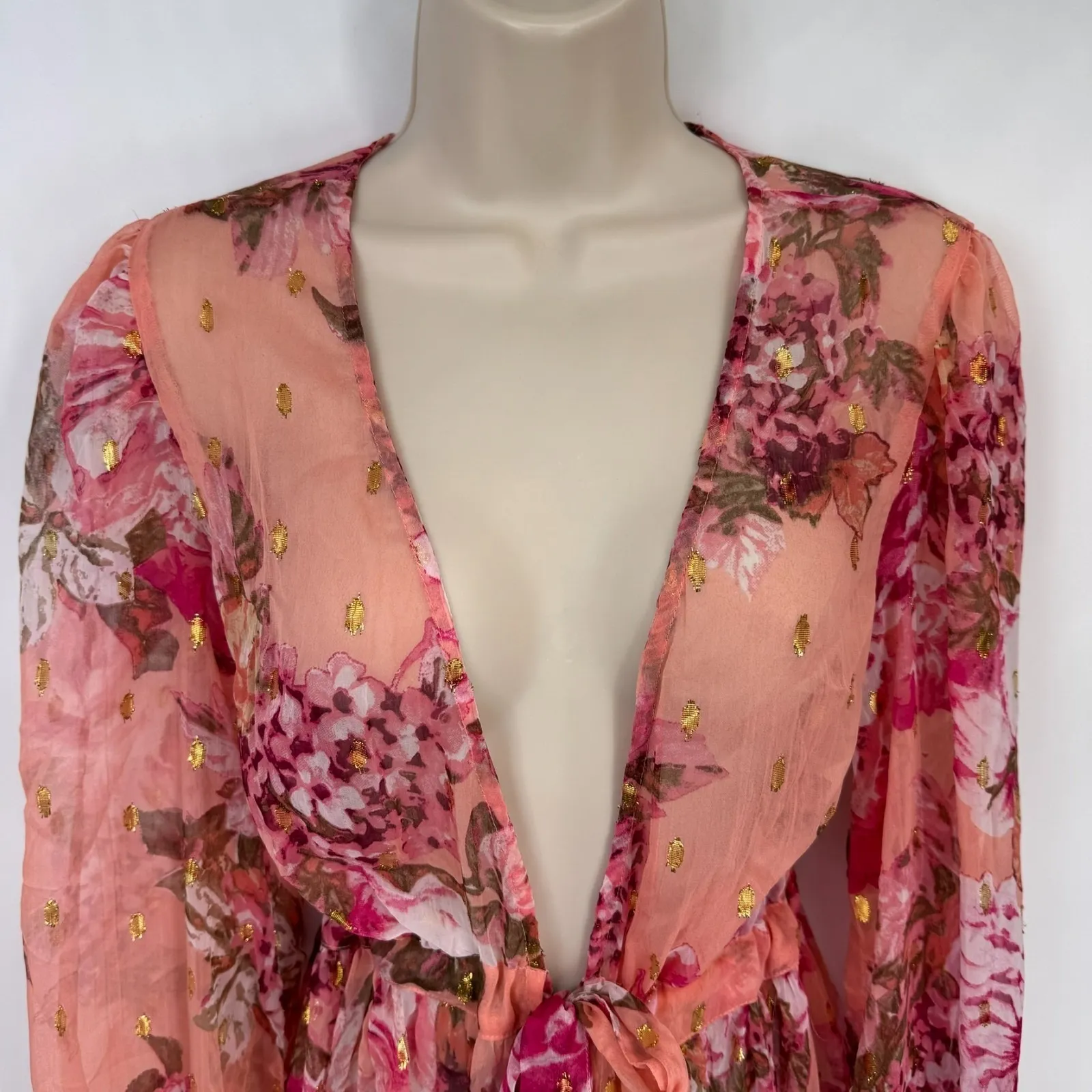 Vintage Y2K Express Sheer Kimono Robe Womens Small Pink Floral Romantic Fairy - Image 2