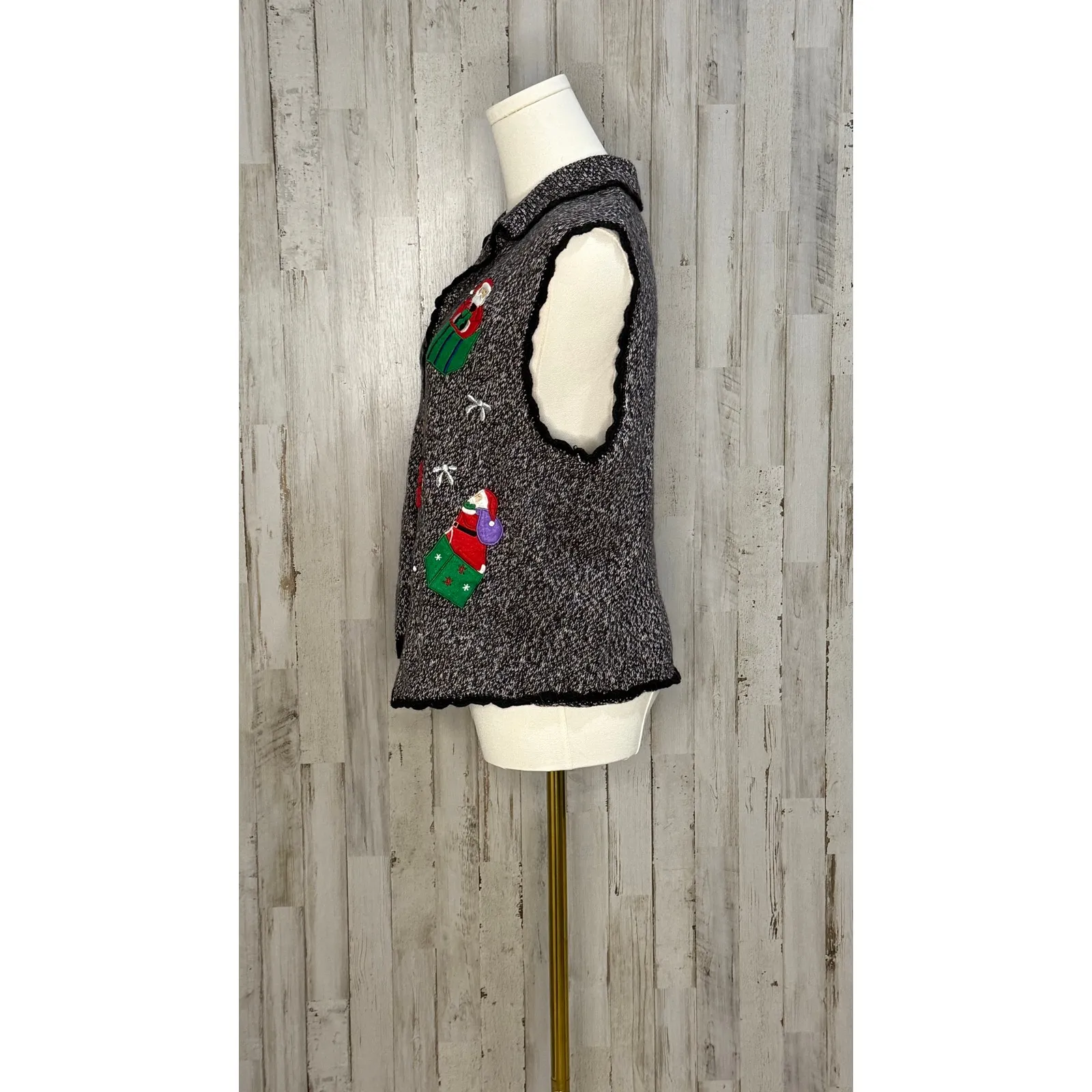 Vintage Christmas Sweater Vest Women's Large Gray Snowman &‎ Santa Design - Image 4
