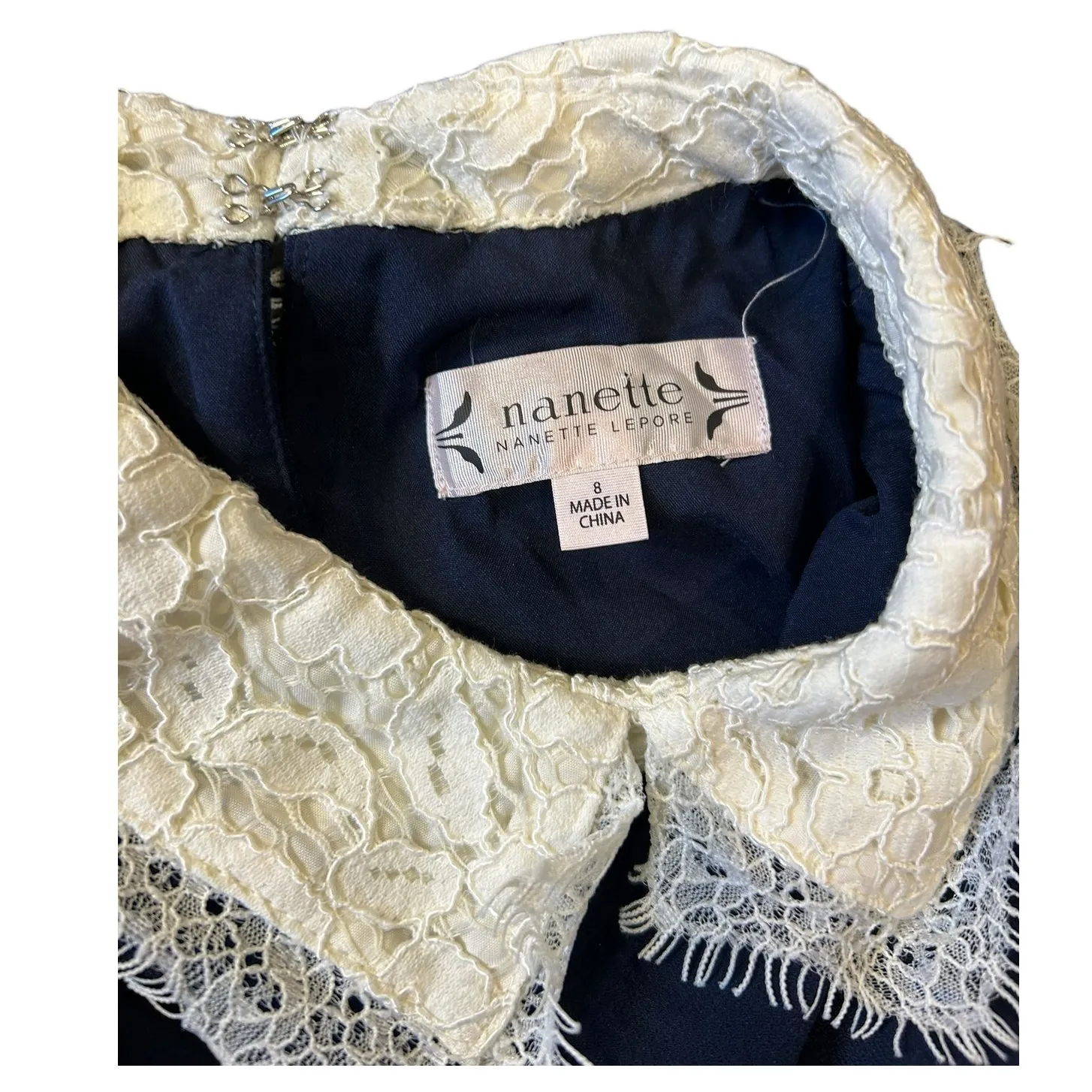 NWT NANETTE LEPORE Navy Cream Sleeveless Lace Collar Babydoll Shift Twee Dress 8 - Image 11