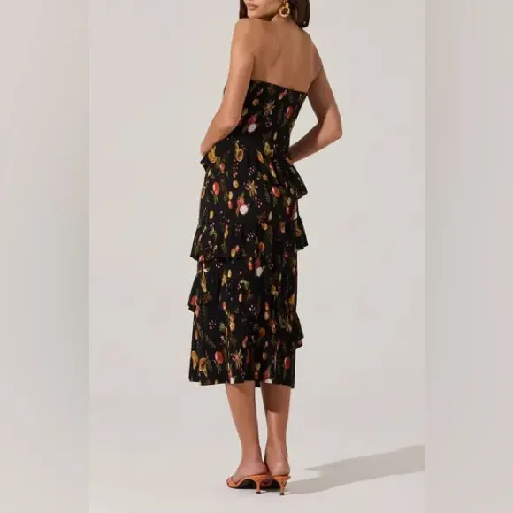 ASTR The Label Plisse Asymmetric Tiered Ruffle Strapless Midi Dress L - Image 5