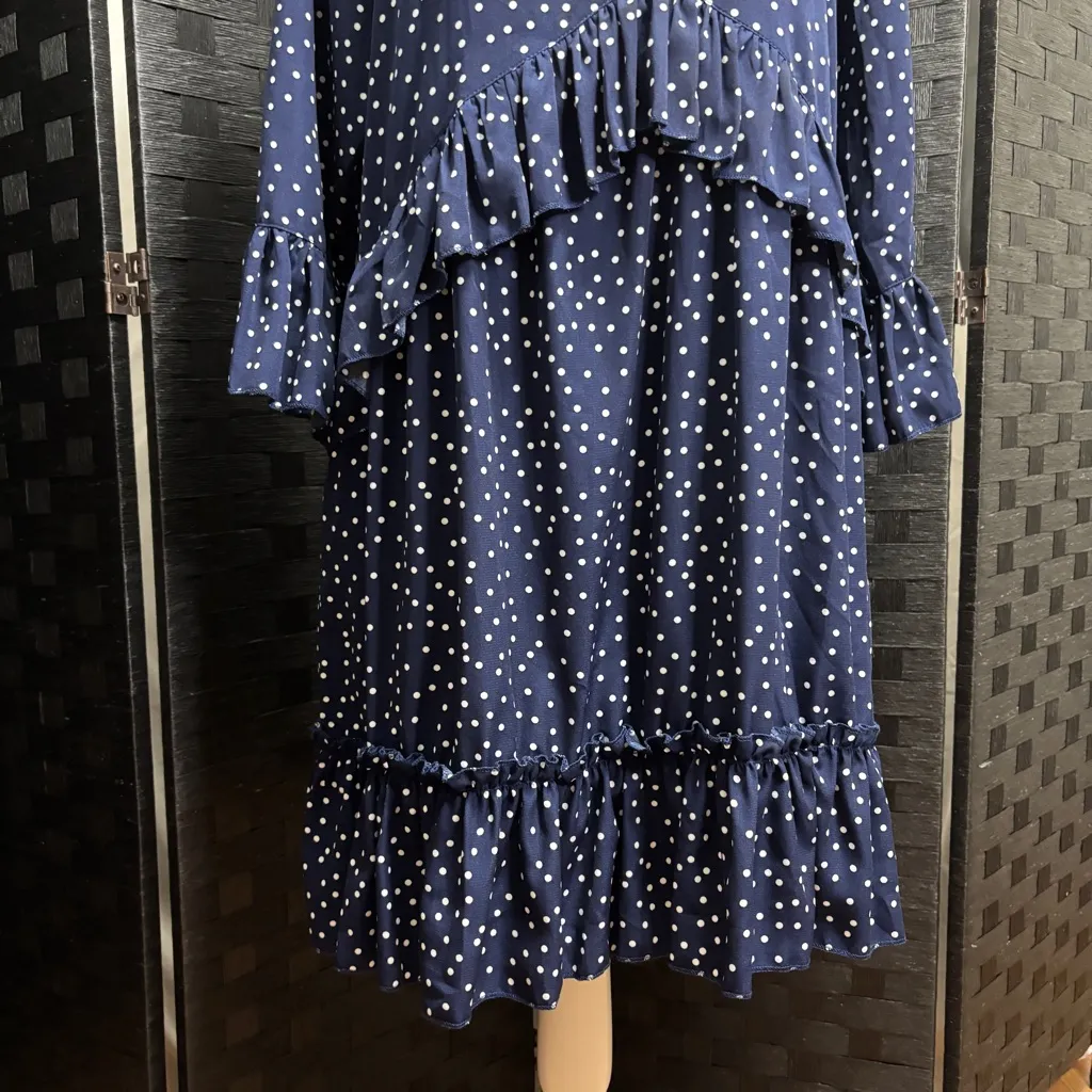 Women's Navy Sheath Dress Womens L Ruffles 3/4 Bell Sleeve Cottagecore Career Blue Size L - Image 4