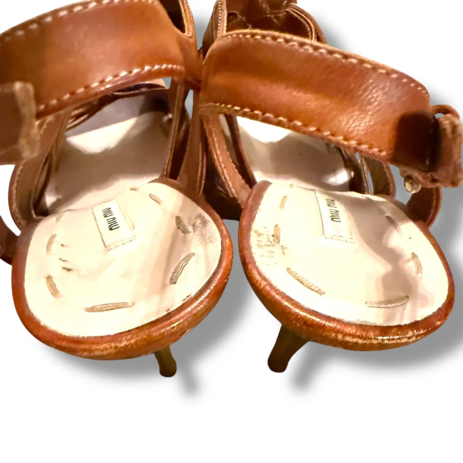 Miu Miu Strappy Heels Women's Size 37.5 Brown Leather Platform High Heel Dressy - Image 12