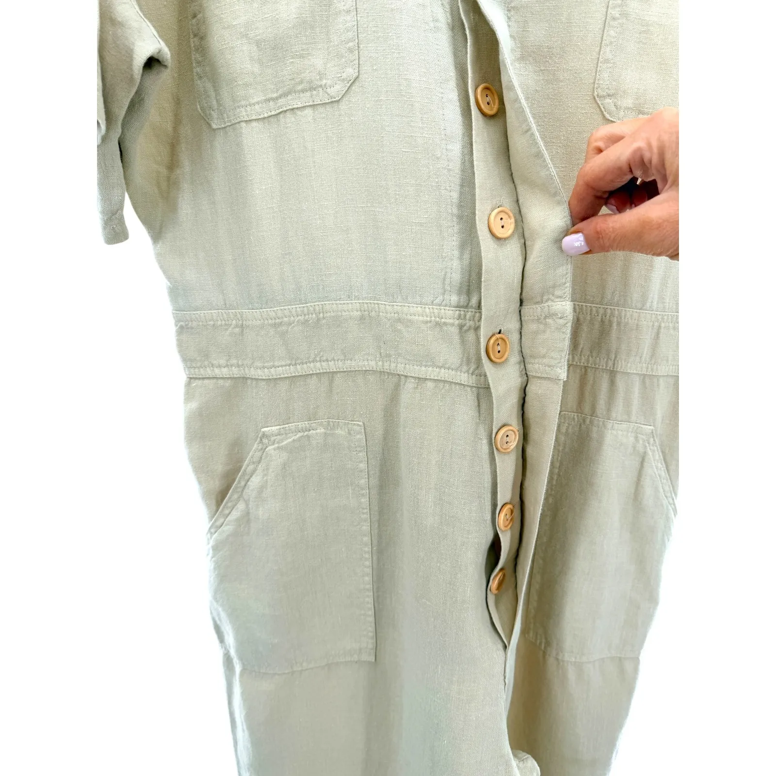 MATE The Linen Utility Jumpsuit Tan Short Sleeve Button Front Cargo Pockets XL - Image 7