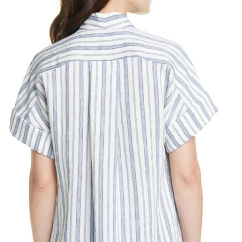 Frame Stripe Clean Collar Linen Blend Shirt In Off White Multi - Image 3