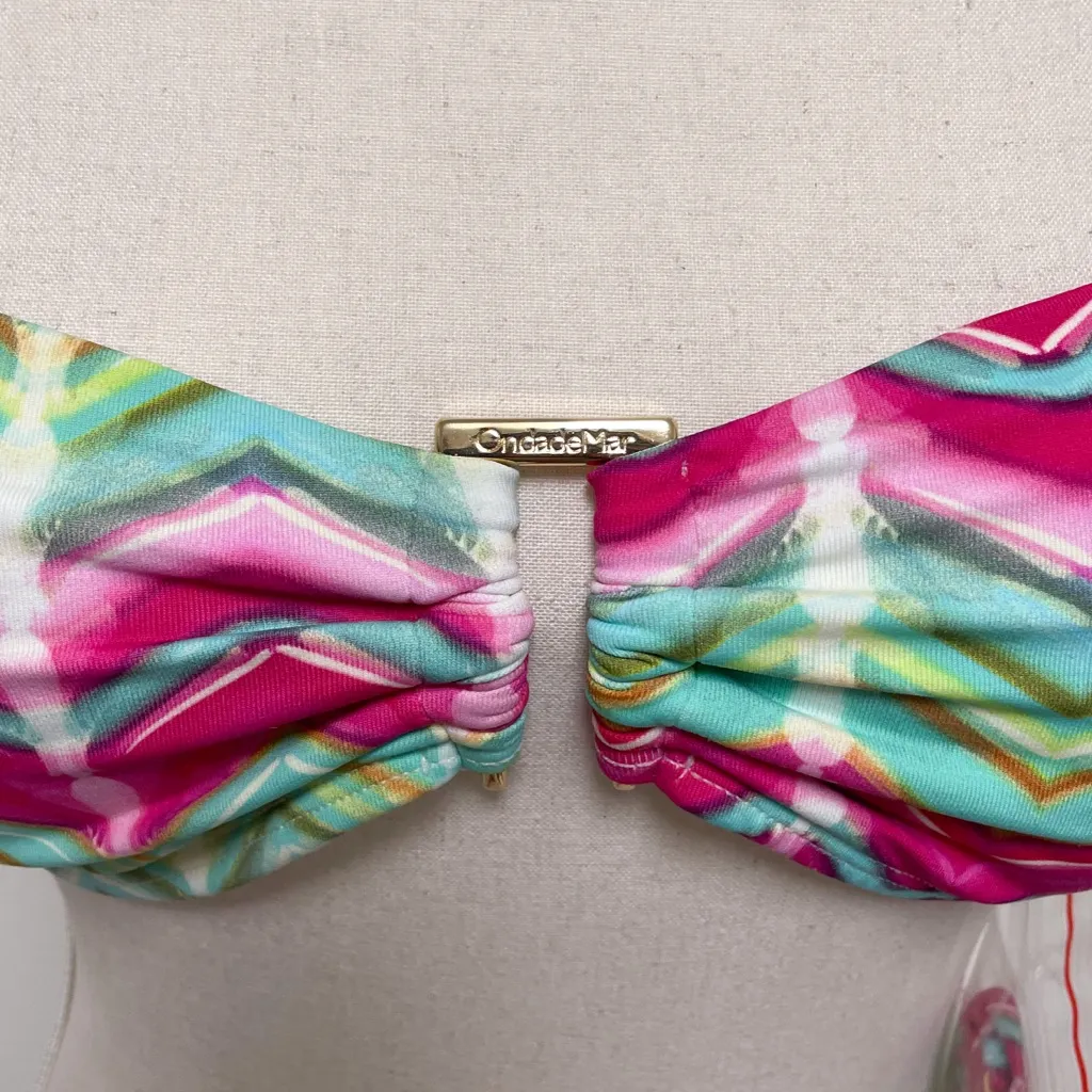 Ondademar Bandeau Halter Bikini Top Abstract Chevron NWT Small Pink White Green - Image 4