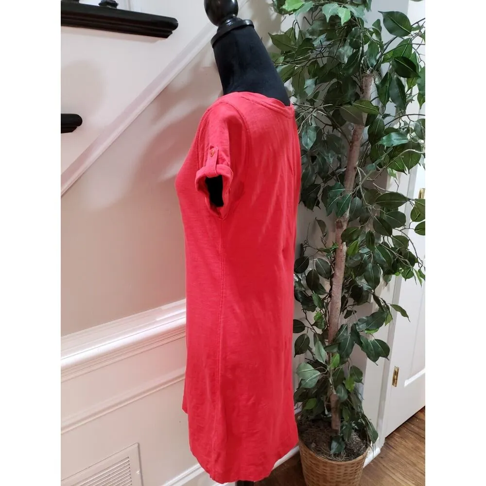Banana Republic Women's Red Cotton Round Neck Short Sleeve Knee Length Dress M - Image 7