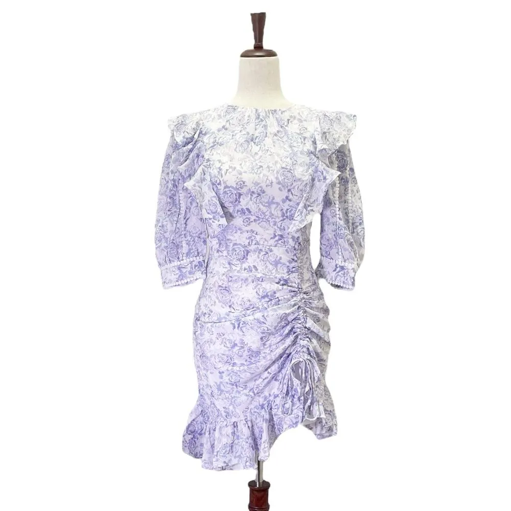 NWT Dark Pink Puff Sleeve Ruched Mini Dress in Lavender Rose Print Size 4 NEW - Image 2